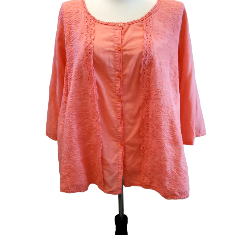 JOHNNY WAS PINK EYELET COTTON BLOUSE, XL-XXL